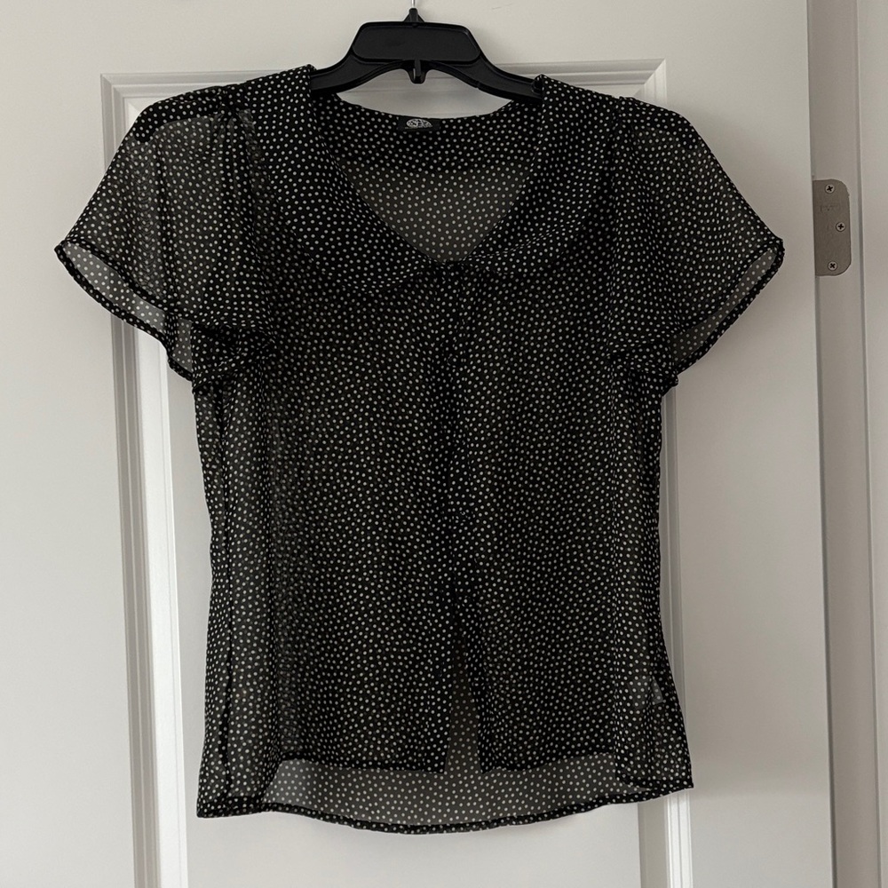 Bobeau Black Sheer Blouse with White Dots